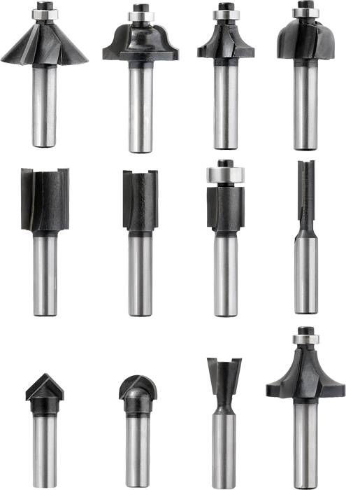 Twelve different router bits for woodworking: various shapes and sizes, ideal for precise cuts and decorations.