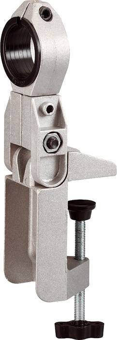 A silver metal clamp with a screw mechanism, suitable for securing pipes or rods to work surfaces or mounting systems.