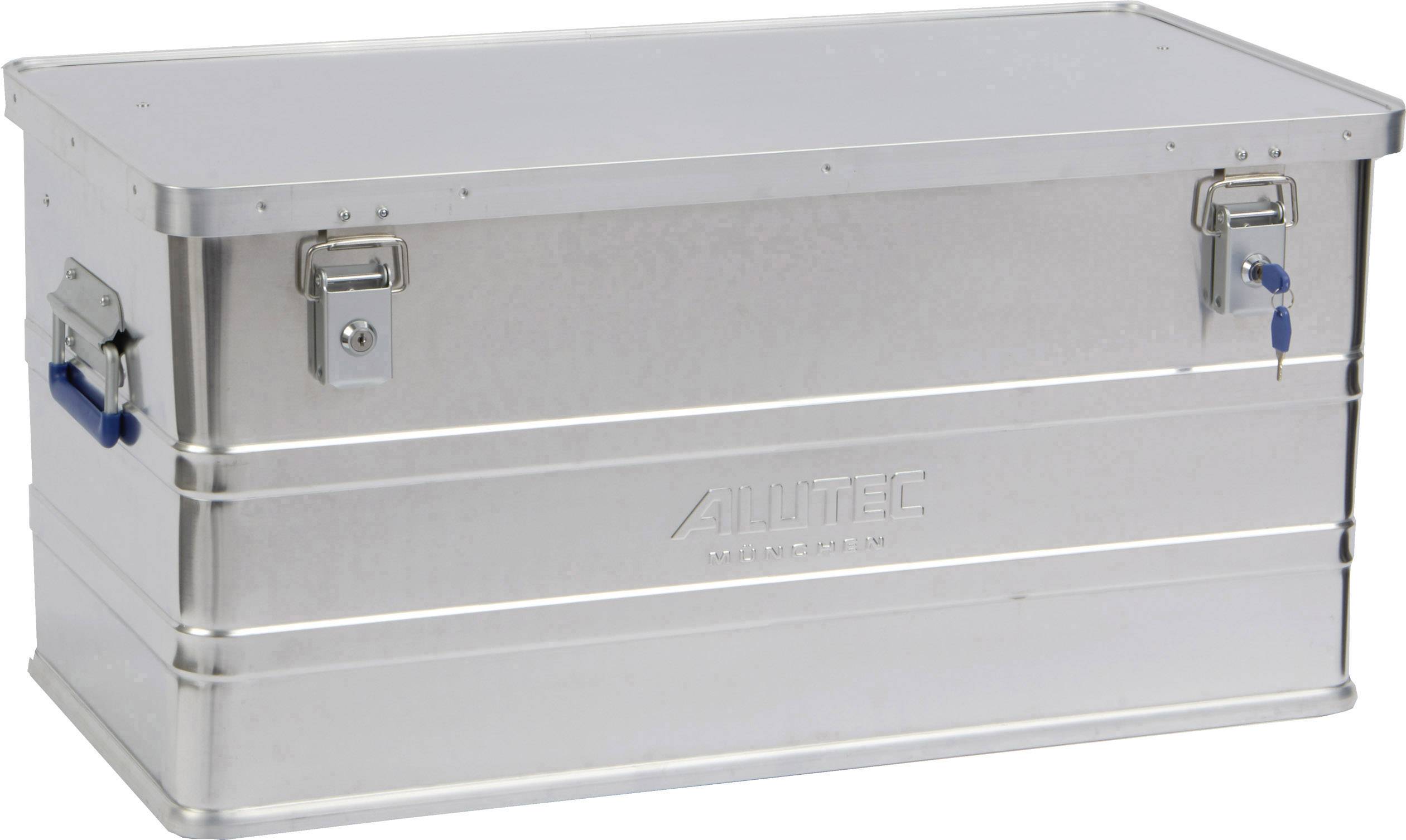 Metal chest with two blue handles and locks, silver-coloured surface, rectangular shape.