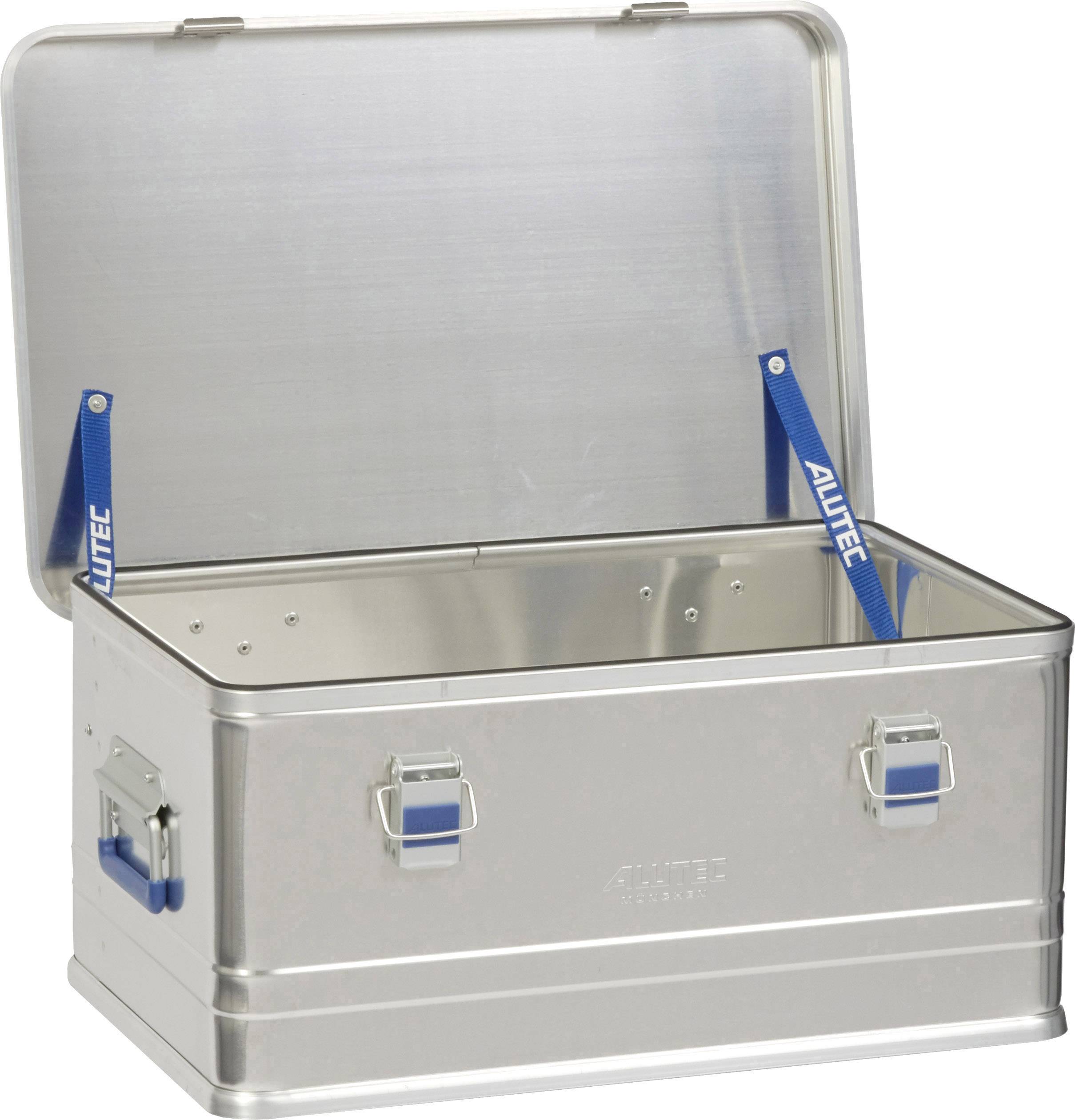 Open aluminium box with blue handles and reinforced corners.