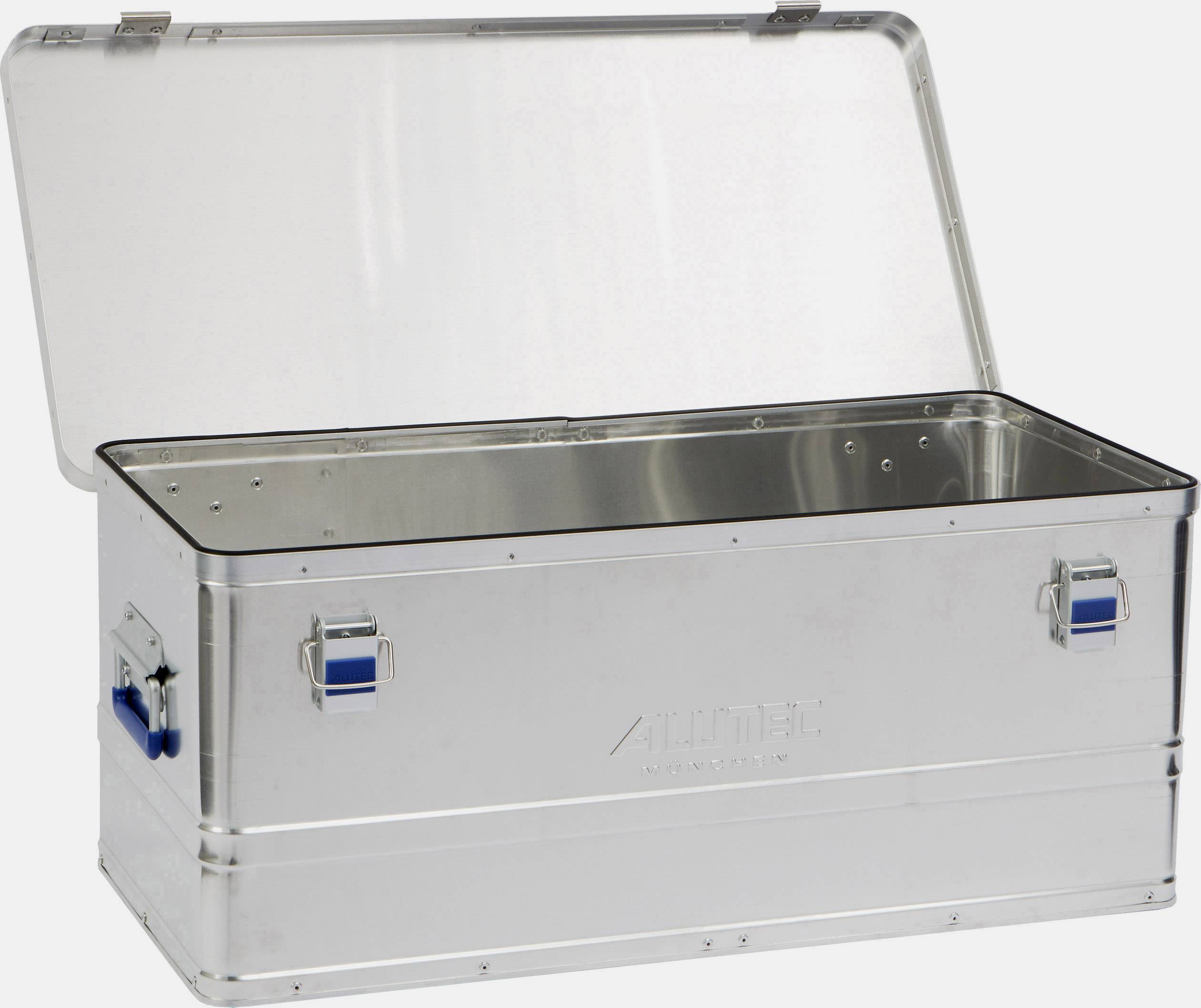 Metal box with an open lid. Suitable for storing tools or equipment. Robust construction with two handles on the sides.