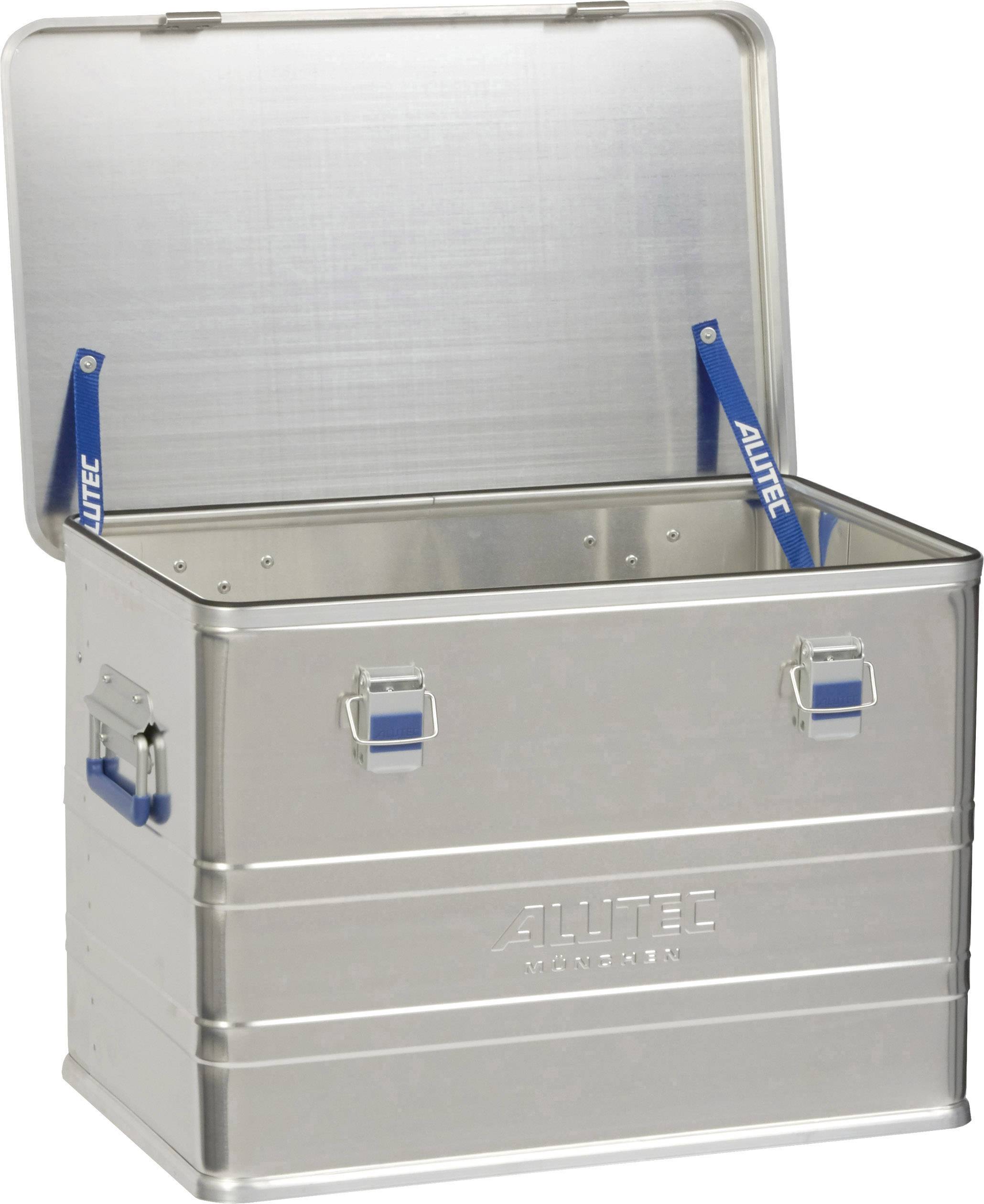 Metal box with lid opened. Inside, blue fabric ribbons with the inscription 'Alutec' are attached.