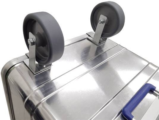 Two robust wheels on a silver metal casing, fitted with blue handles, enable easy movement and transportation.