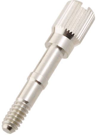 Metal screw with knurled grip, silver-coloured, used for connecting components in mechanical applications.