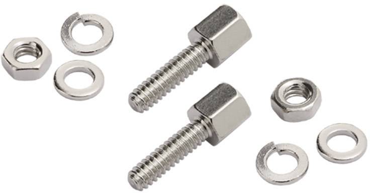 Two metal bolts with hexagonal heads, each with matching nuts and washers, on a white background.