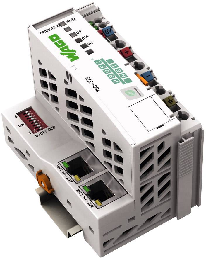 Industrial control unit by WAGO with various connections and indicator lights. Designed for controlling and monitoring electrical systems.