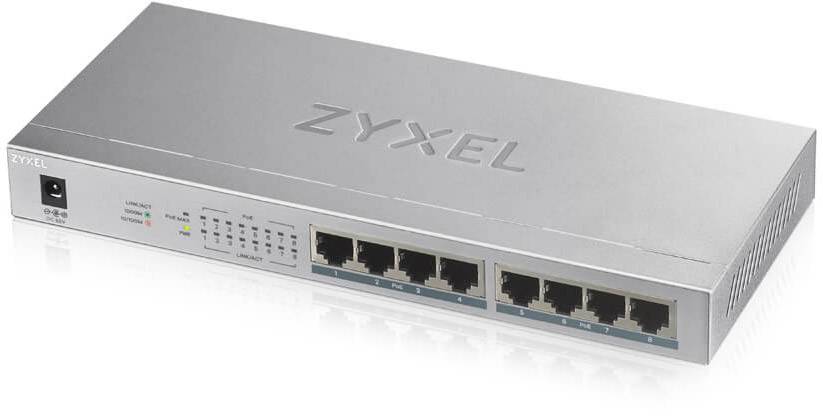 A grey Zyxel network switch with eight Ethernet ports on the front and LED indicators for status and network activity.