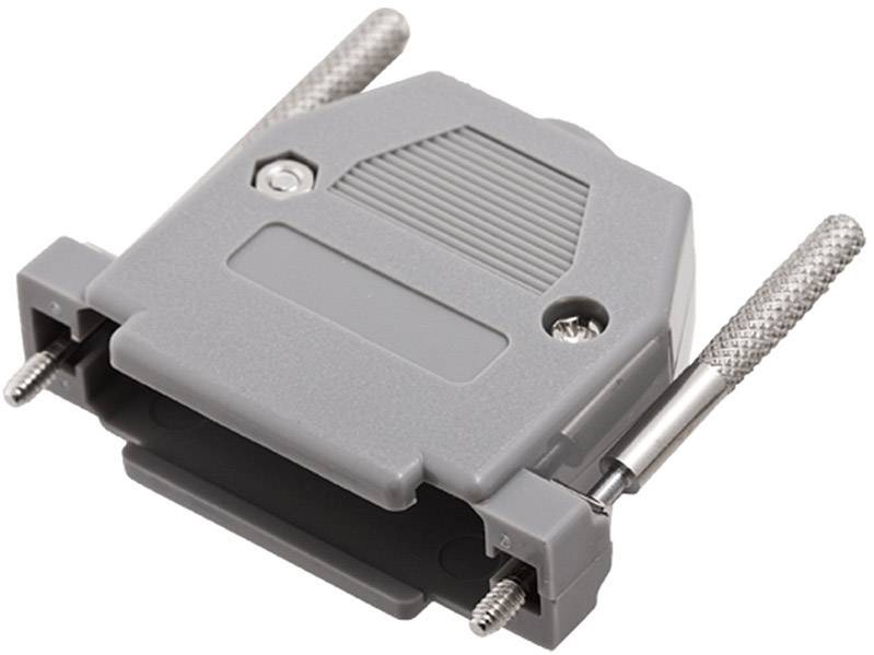 Grey, rectangular housing for a serial connection with two side screws for secure mounting.