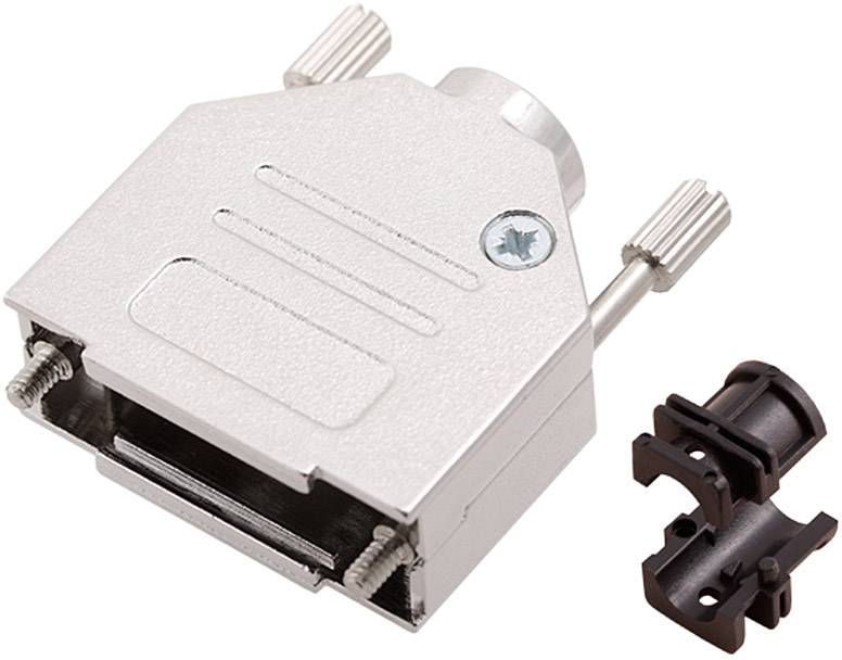 Metal socket housing with two side-mounted screws and a black plastic clip beside it.