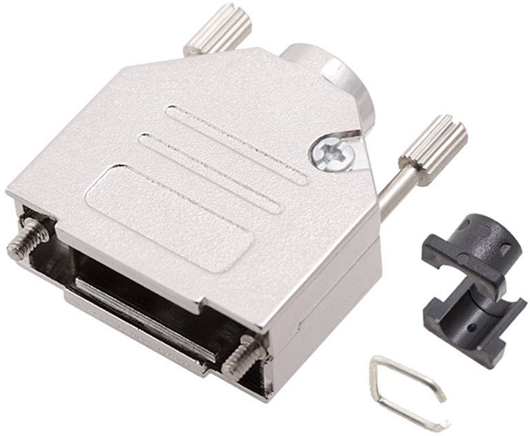 Metal adapter with screw fastenings, open, showing inner side. Contains black plastic component and metal clip.