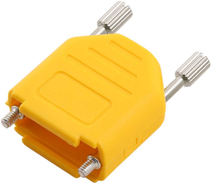 Yellow adapter plug with two metal contacts and mounting screws, suitable for electrical connections.