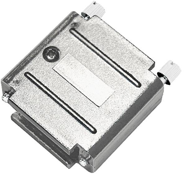 Metallic rectangular component with two screw knobs on the sides and grooves on the surface. Used for adjustment.