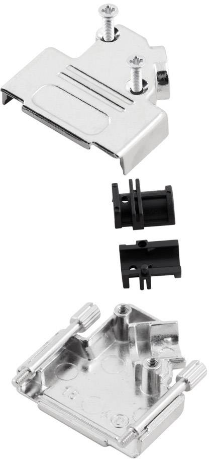 Metal housing parts for D-Sub connectors, consisting of two halves and plastic elements, for securing and mounting.