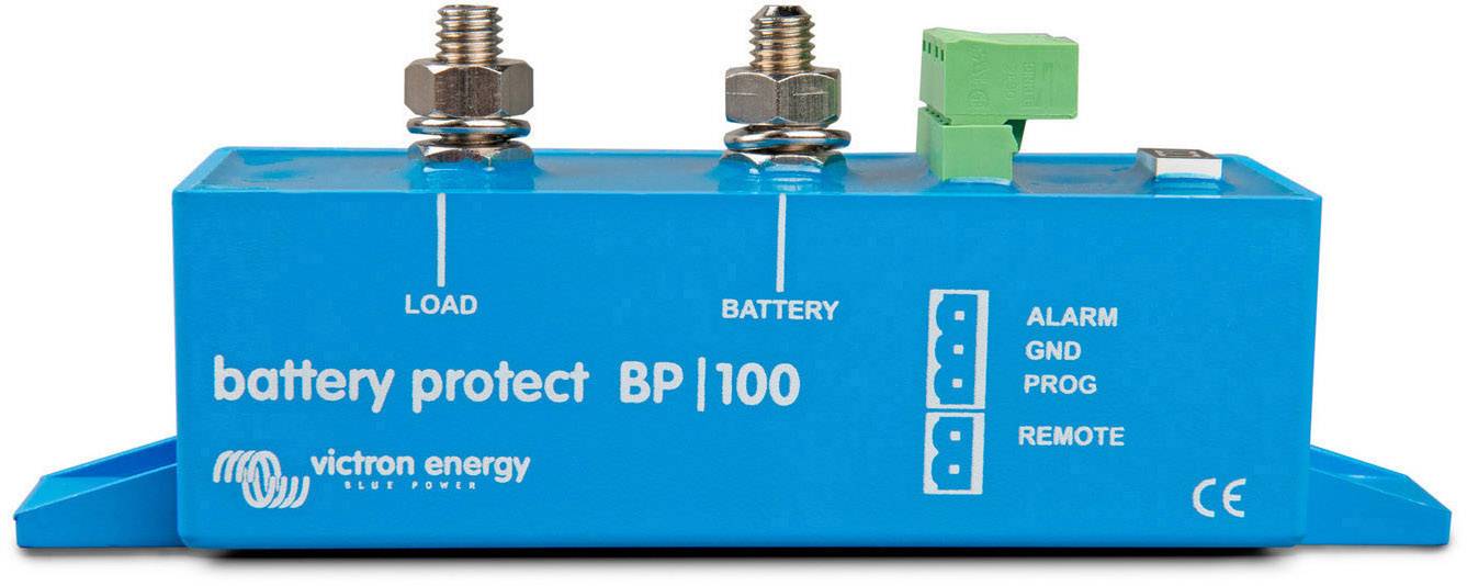A blue 'battery protect BP|100' device from Victron Energy with connections for load and battery, displaying information such as alarm and remote control.