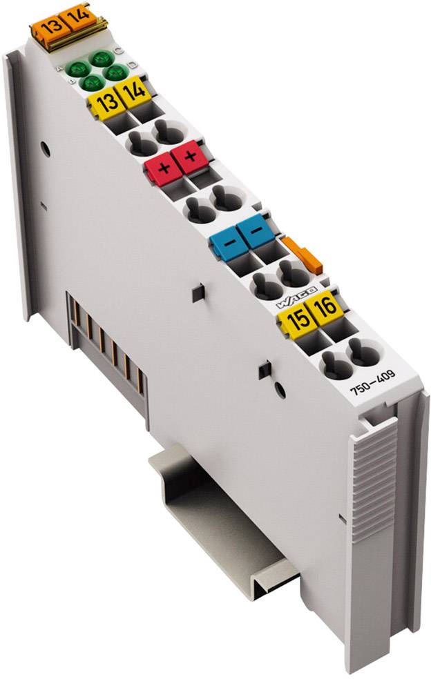 Digital input/output terminal with various coloured connections, labelled from 13 to 16, on a grey housing.