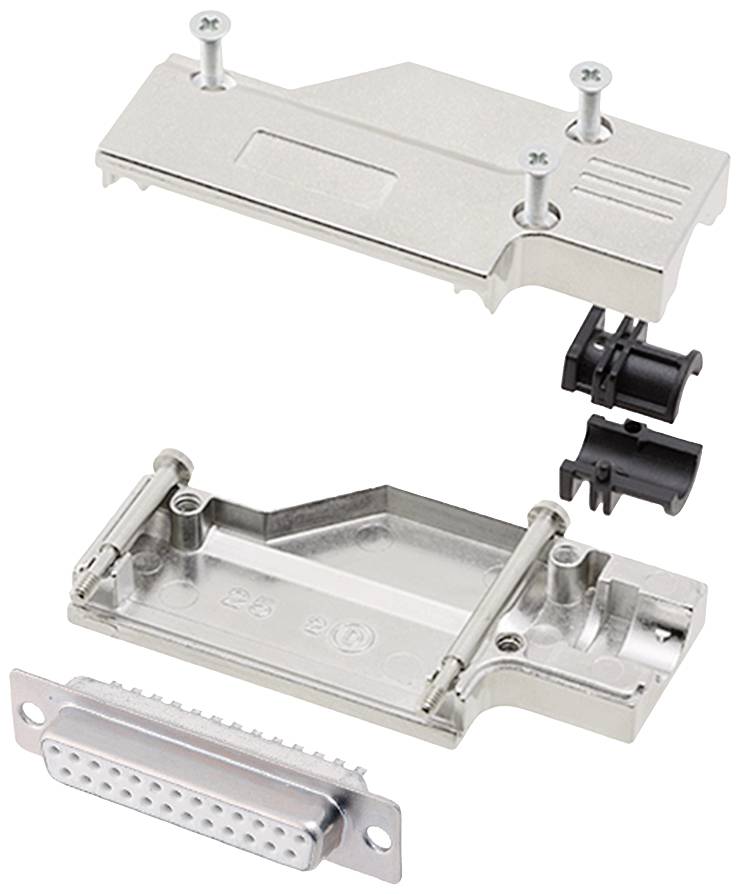 Metal connector housings, consisting of upper and lower sections, with screws and cable protection caps. Suitable for mounting D-Sub connectors.