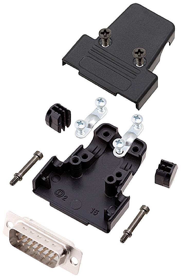 Exploded diagram of a D-Sub connector with housing components, screws, and mounting brackets. Shows assembly positions and connector connections.