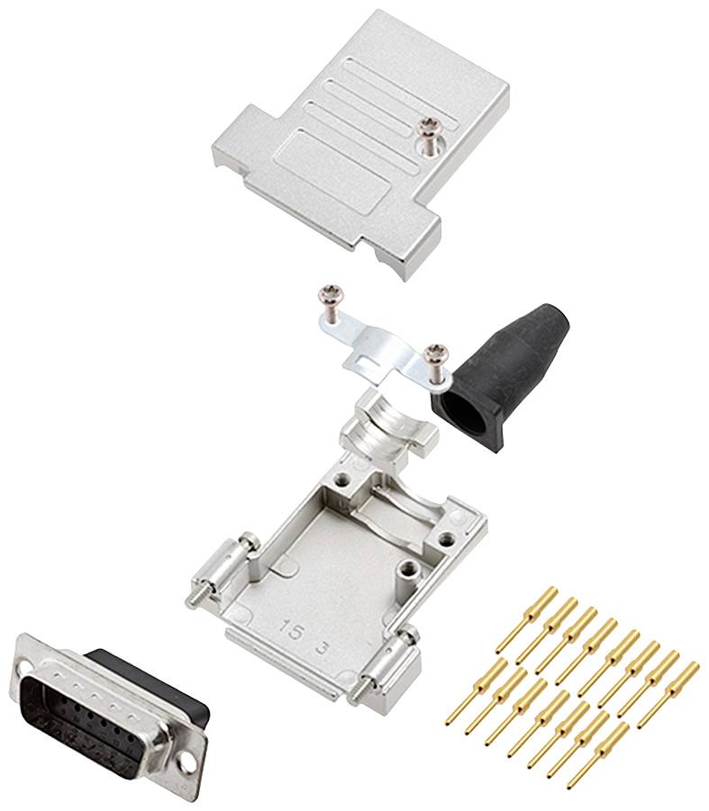 Exploded view of a D-sub connector: housing, metal cover, screws, cable entry, connector strip and pins.