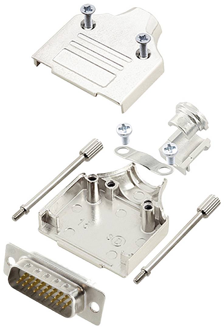 Metallic D-sub housing set with screws, nuts and casing. Individual components for securing and protecting a connector.