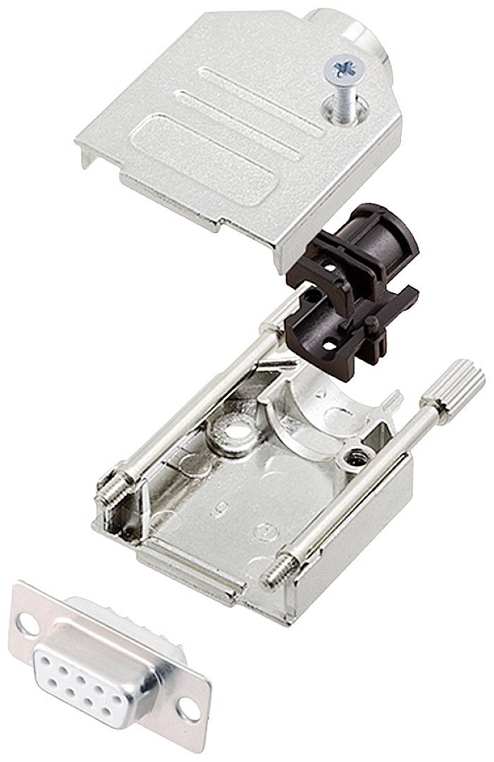 'Exploded view' of a DB9 connector with housing components, screws and cable gauge, showing the assembly components.