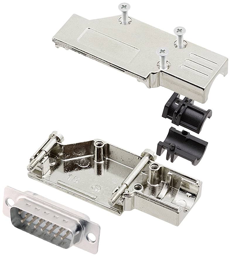 DB9 metal connector housing, disassembled into housing cover, housing base and two black screw connectors.