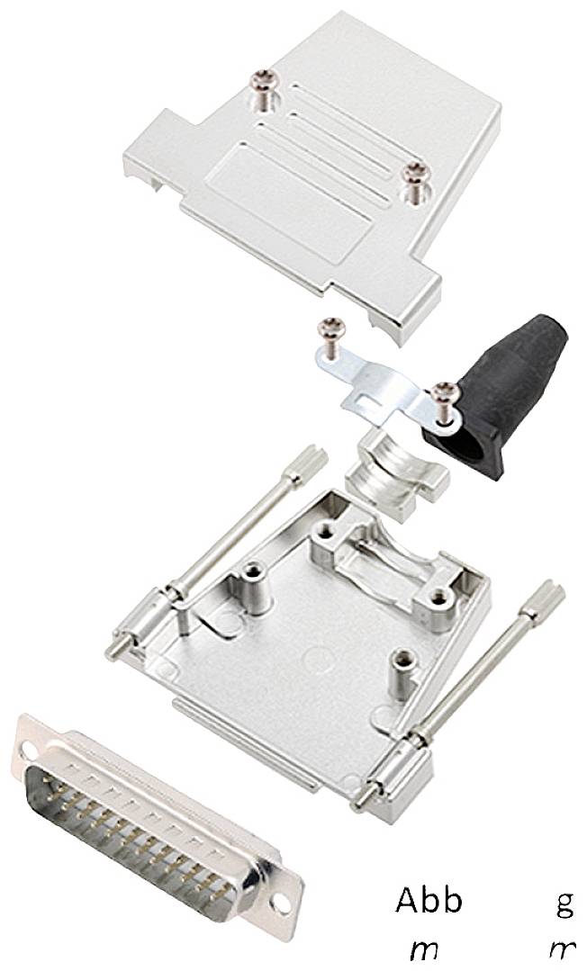 Exploded diagram of a multi-part connector with cover, screws, cable holder, and multi-pin socket strip.