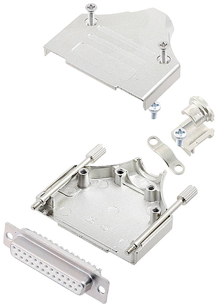 Dismantled D-sub connector with metal housing, screws, terminals, and connection strip. Designed for building and protecting connections.