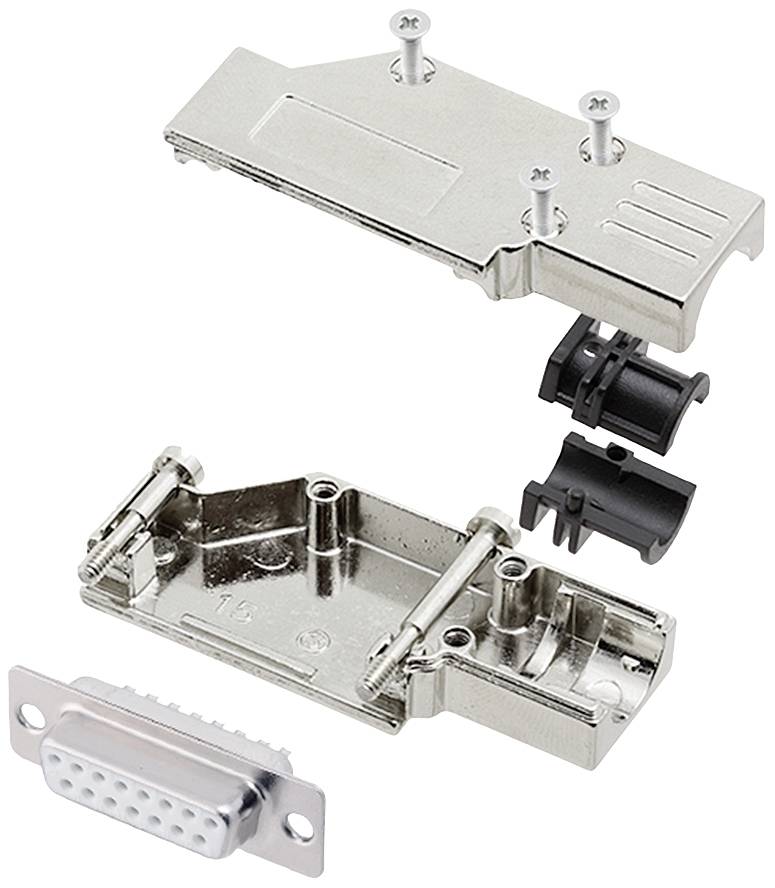 Metallic D-sub housing with screws and two black plastic caps, ready for mounting, prevents cable interference.