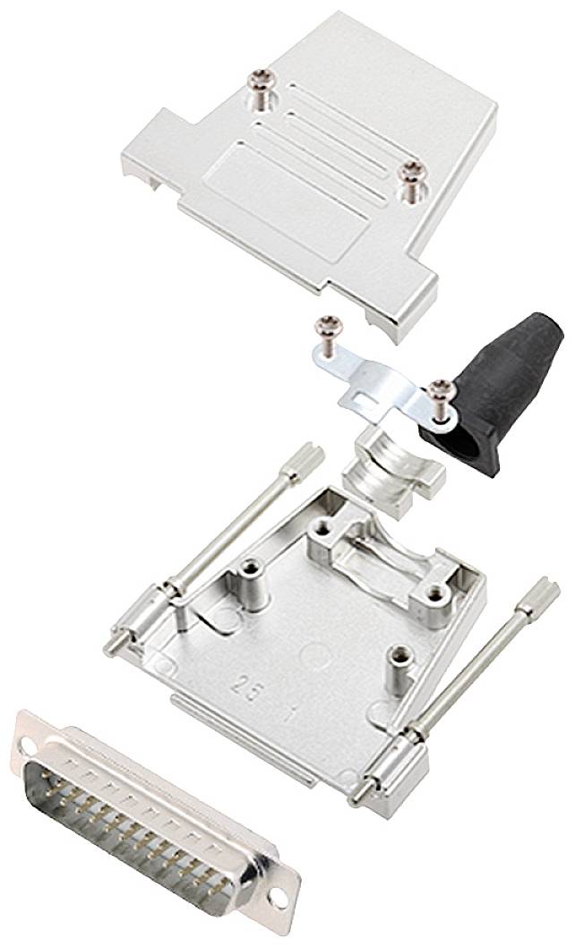 Exploded view diagram of a D-Sub connector with housing, pins, and cable gland. Illustrates the assembly of individual components.