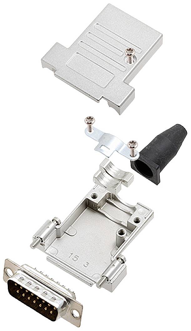Exploded view of a D-Sub connector with housing components, screws, cable gland, and 15-pin connector strip.