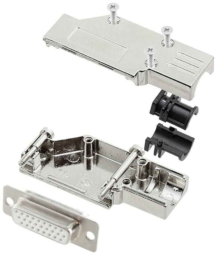 Metallic D-Sub cable housing with screw locks, openings for cable entries, and matching plastic components.