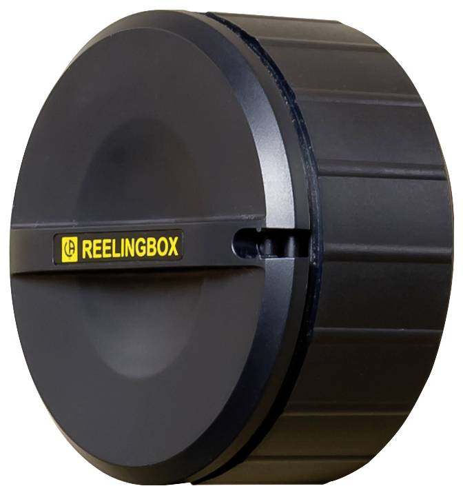 Black cylindrical box with a yellow 'Reelingbox' label on the side.Note: The translation is essentially direct, as this appears to be a descriptive statement. In British English, this would be phrased the same way as in the original.