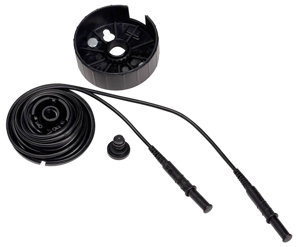 Cable reel with a removable lid, two cables with connectors and a rubber component, presumably for electrical installations.