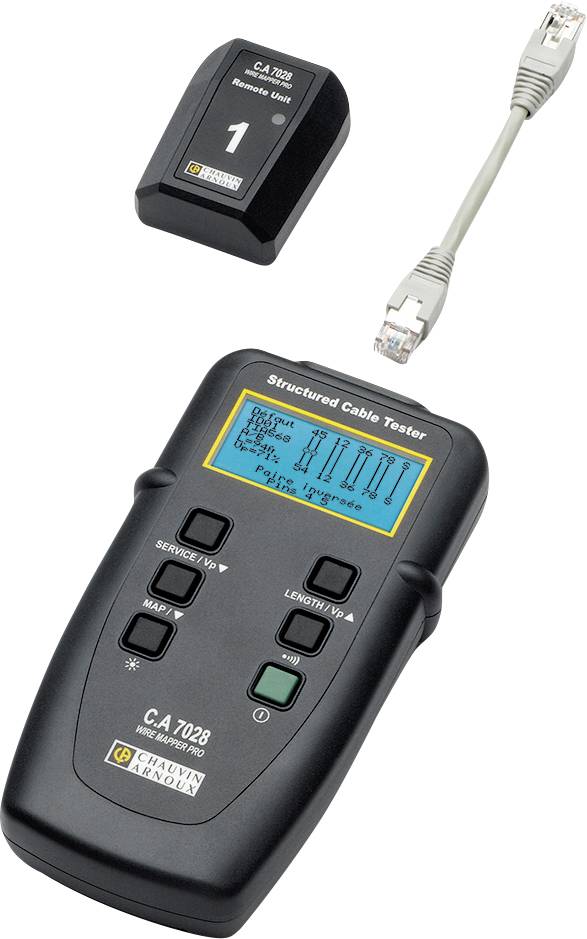 'Kabeltester C.A 7028' displays a connection measurement. A separate module and a network cable are visible.