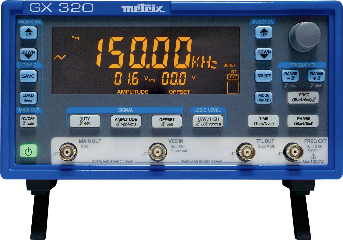 An electrical measuring instrument with a digital display shows '150.00 kHz' and '0.16 V'. Various buttons for settings are visible.