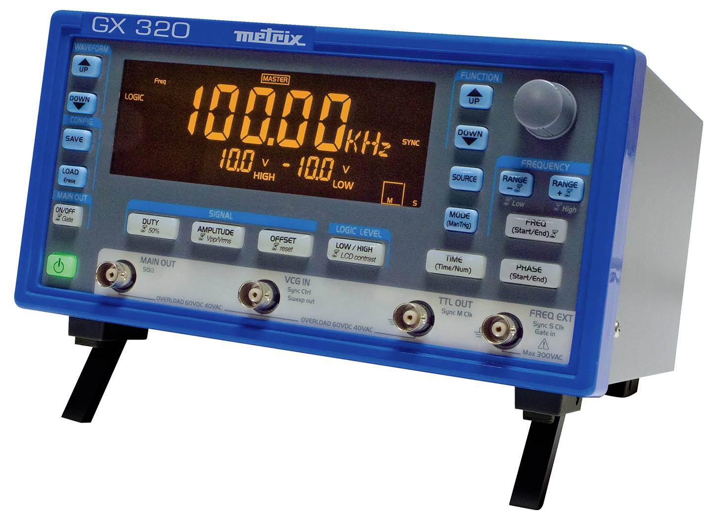 Oscilloscope: Model GX 320 by Metrix, displays frequency 100 kHz and voltage 100 V. Various controls and connections visible.