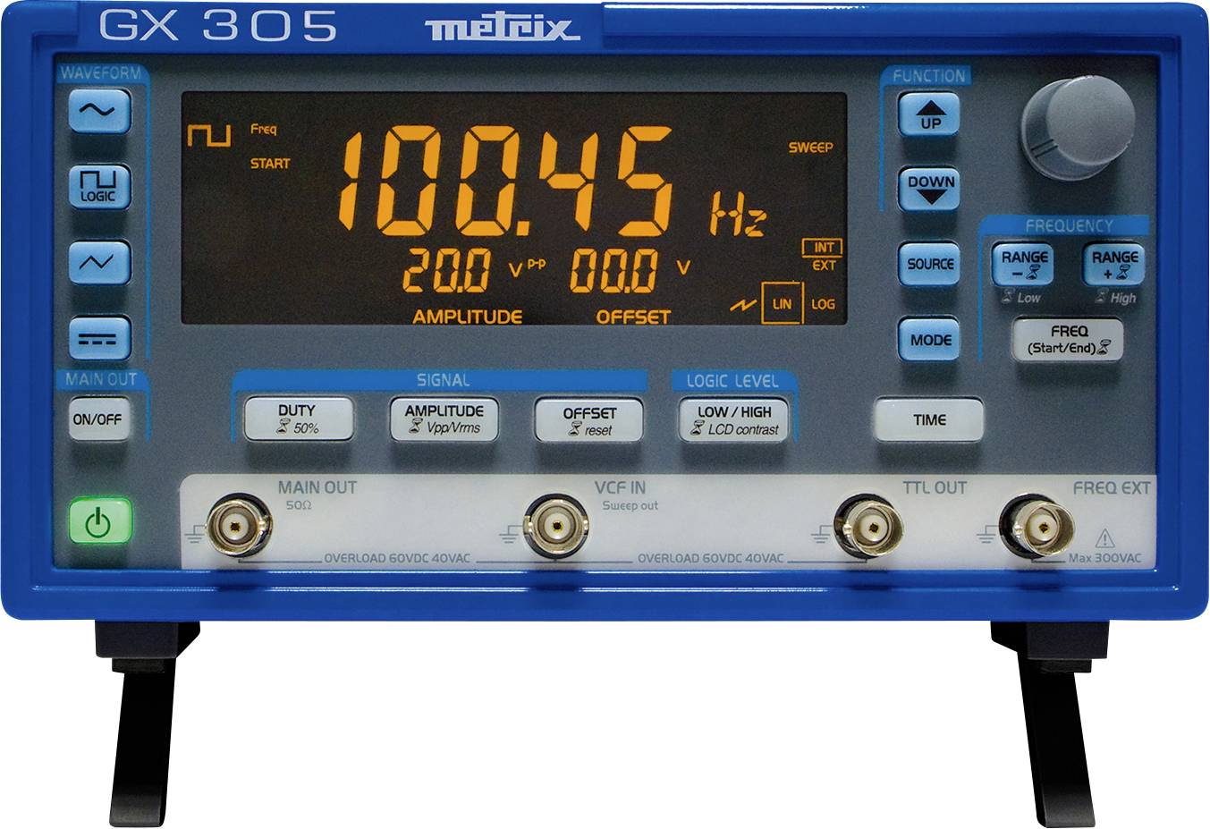 A blue electronic measuring device with a digital display shows '100.45 Hz', '200 V', '0.0 V'. Buttons and connections for configuration.