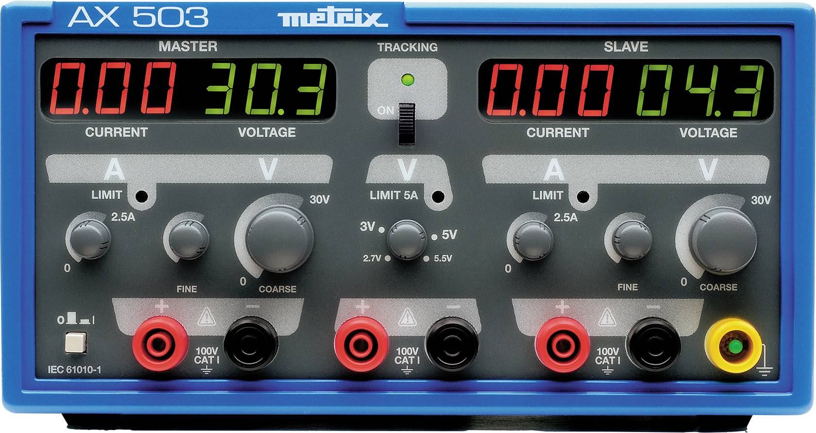 An AX 503 power supply with two channels. Left: Voltage 30.3V, Current 0.00A. Right: Voltage 4.3V, Current 0.00A. Rotary knobs for control.