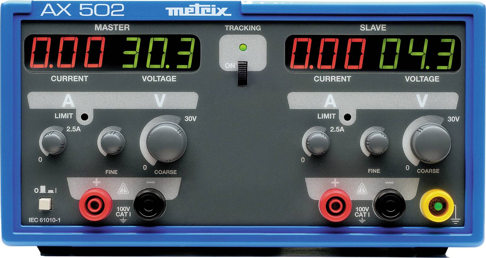 Two-channel laboratory power supply with digital displays, voltage and current regulators, and connections.