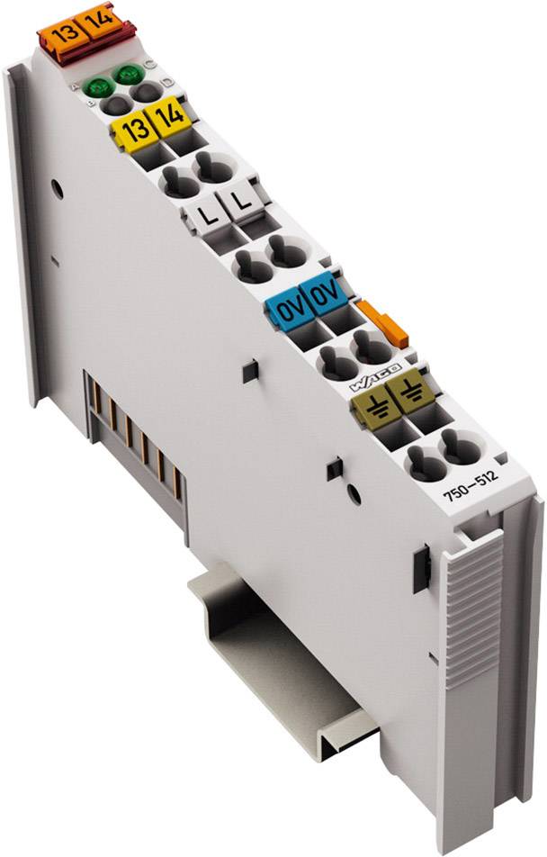 Module for DIN rail mounting with numbered connections 13, 14 and labelled connections 0V, IL, LL; Model number 750-532.