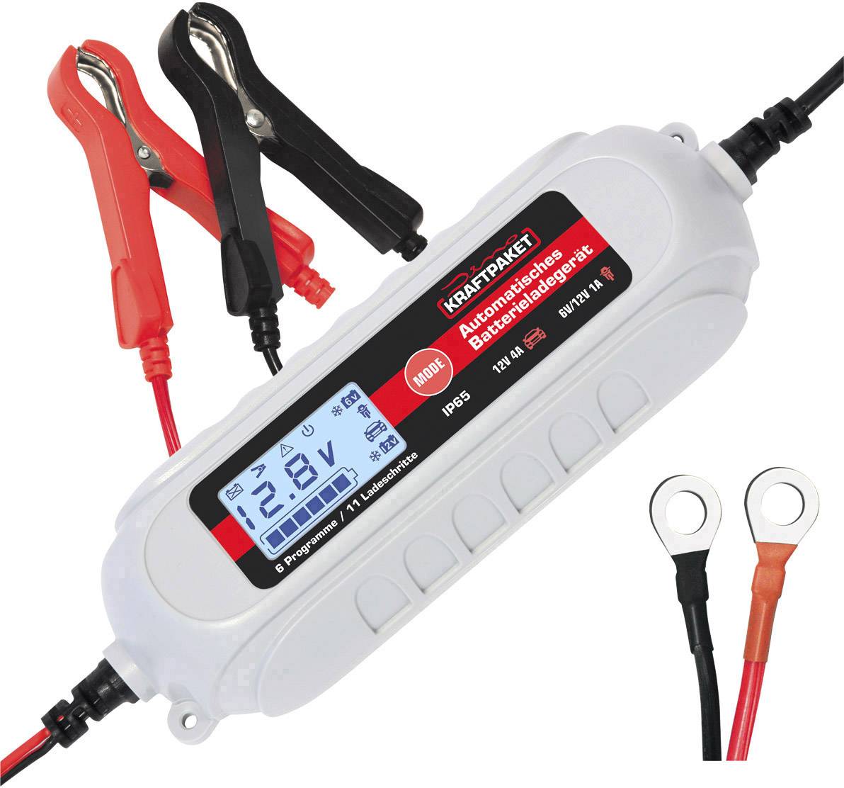 Battery charger with digital display. Shows voltage, current, and charging status. Two cables with clips, red and black.