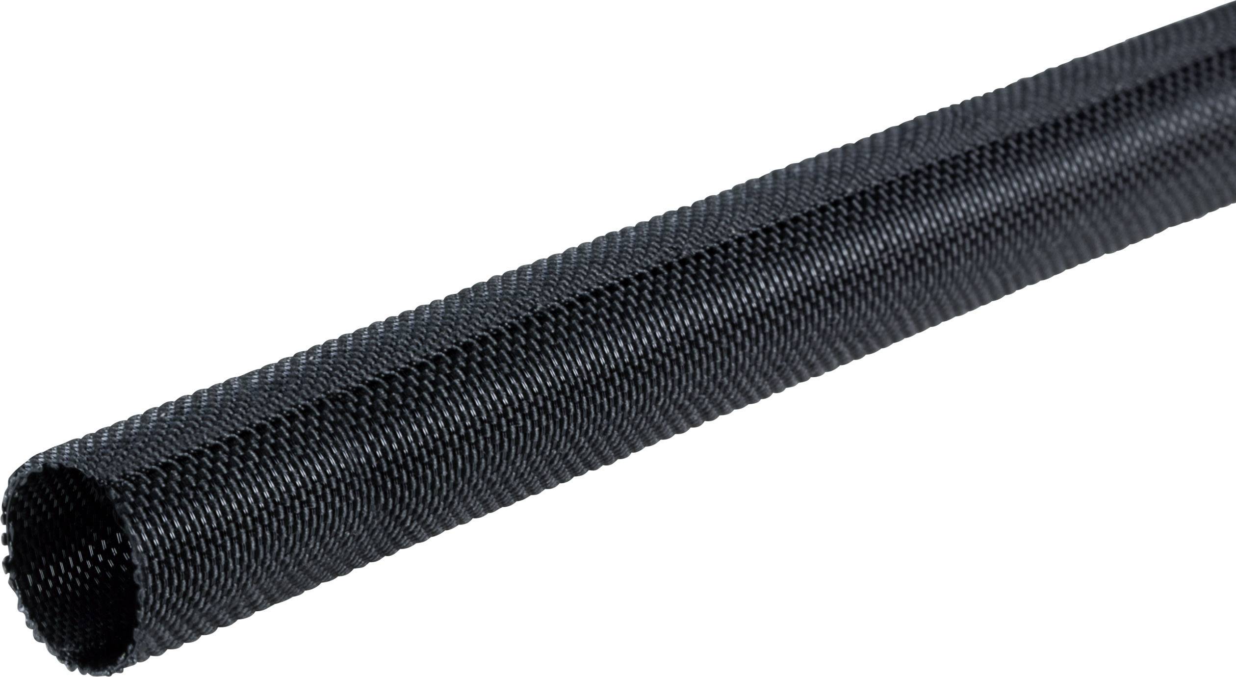 Black, flexible corrugated cable conduit for cable routing and organisation.
