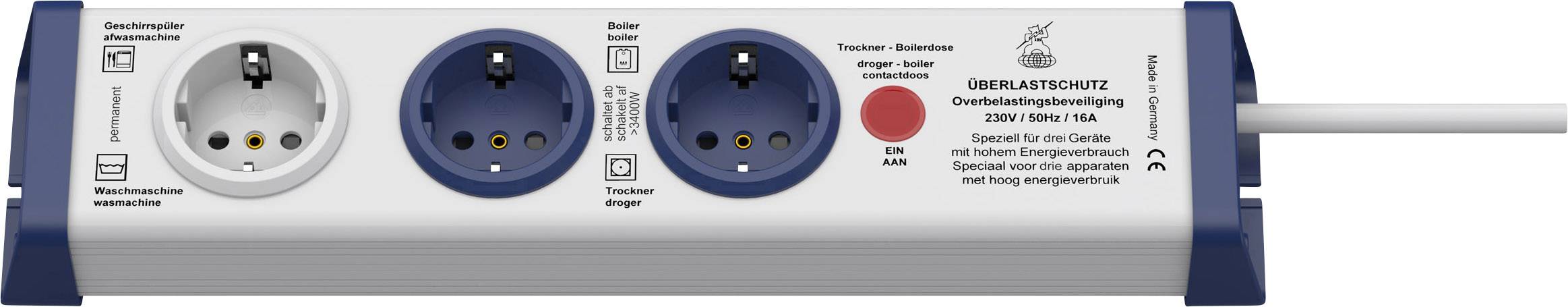 Extension socket with surge protection and three power outlets. Two outlets are blue. Printed warning about voltage surge.
