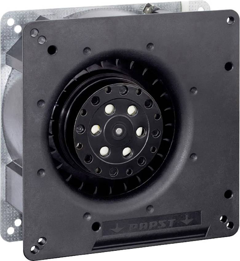 A square, black fan with a central rotor and multiple blades. The fan is mounted in a metal housing.