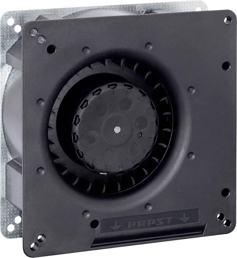 A square black fan, with a central rotor and surrounding casing, mounted on a metal plate.