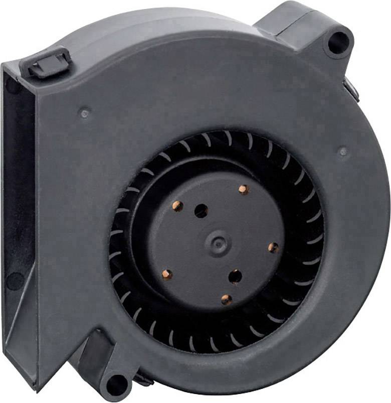 A black plastic radial fan with visible ventilation slots, commonly used for cooling in electronic devices.
