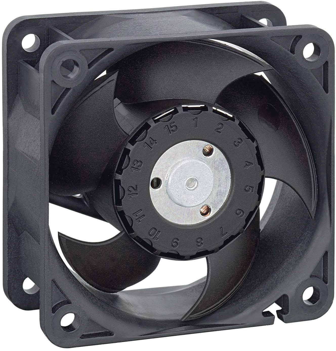 Black computer fan with a round rotor and multiple blades in a square housing, for cooling electronic components.