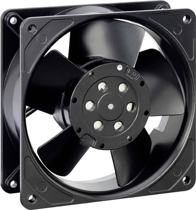 A black computer fan with five blades in a square frame.