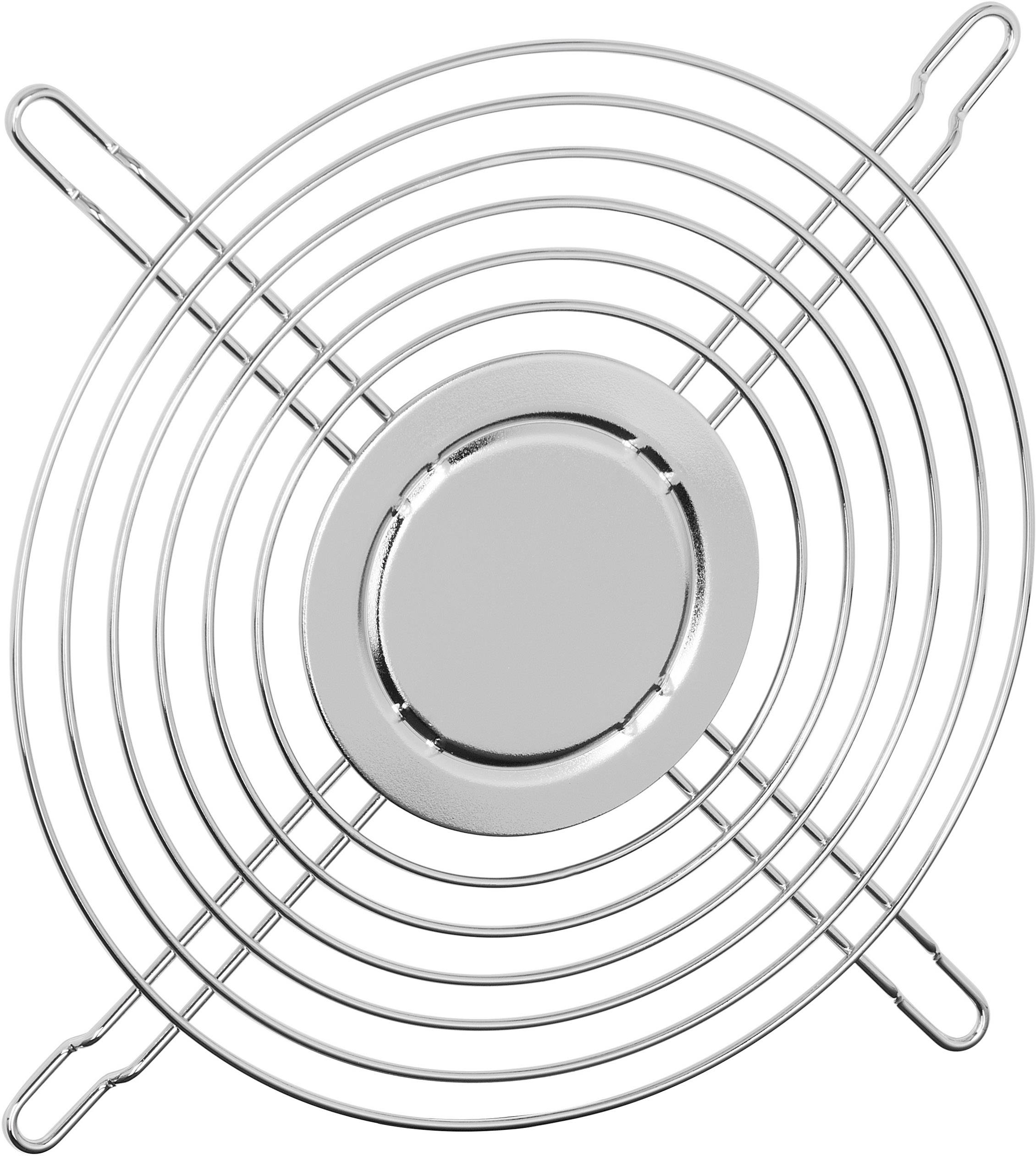 A round metal fan grille, comprised of several concentric circles and four symmetrically positioned mounting brackets.