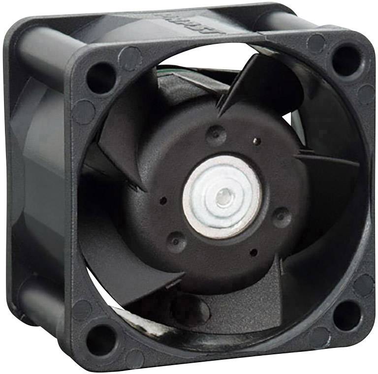 A black, square computer fan with multiple rotor blades.